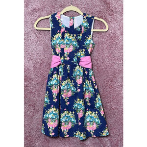 Girls Kelly's Kids Casual Dress Size 7 Navy Floral Pink Bow